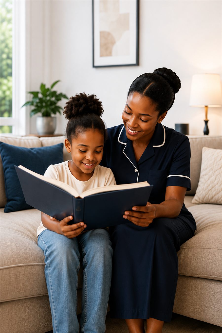 A MeritraCare caregiver reading with a child at home
